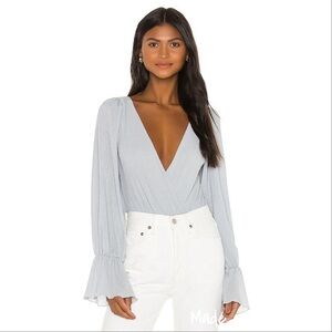 Tularosa Women’s Wesley Ribbed Bodysuit Long Bell Sleeve Deep-V Sky Blue XS